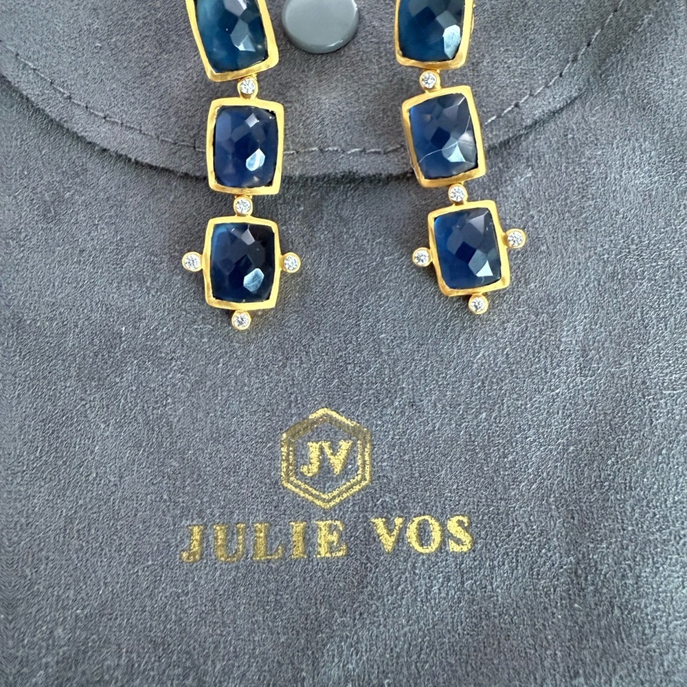 Julie Vos NWOT gold drop earrings with sapphire colored cut stones - Picture 4 of 6